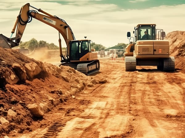 Two excavators working on a dirt road.