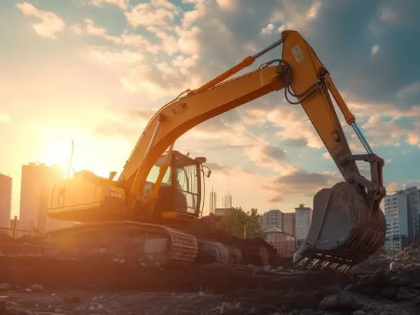 a dramatically lit image of a yellow backhoe against a city skyline.