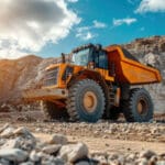 Orange dump truck in a quarry.