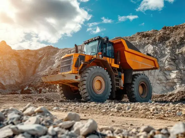 A low angle photo of an orange dump truck in a quarry.